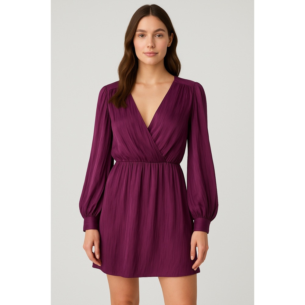 NWT DO+BE‎ Women's Large Magenta Satin Wrap Mini Dress Long Sleeve Party Holiday